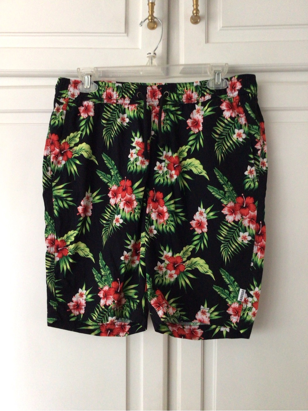 Cornerstone Bodega Tropical Floral Swim Shorts - Black with Green & Red